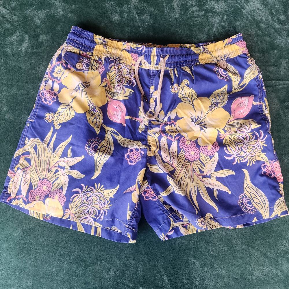 Polo Ralph Lauren Mens Tropical Floral Swim Trunks Blue Hawaiian Shorts Medium